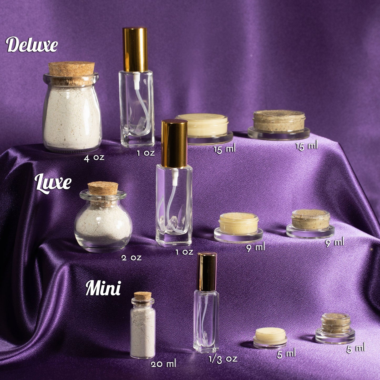 Skincare glow set assortment with clear bottles, gold caps, and glass jars with lids
