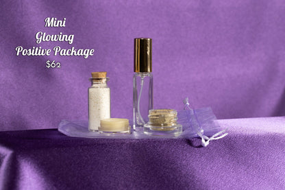 Skincare glow set with clear bottle, gold cap, white jar, and small cream jar on tray