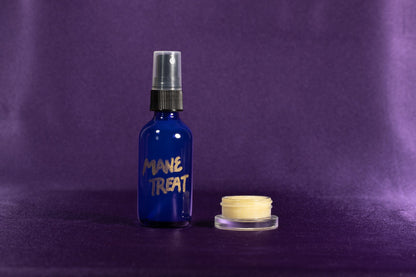 Blue Mane Treat spray bottle with silver nozzle and small cream jar