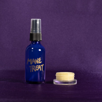 Blue Mane Treat spray bottle with silver nozzle and cream jar on side
