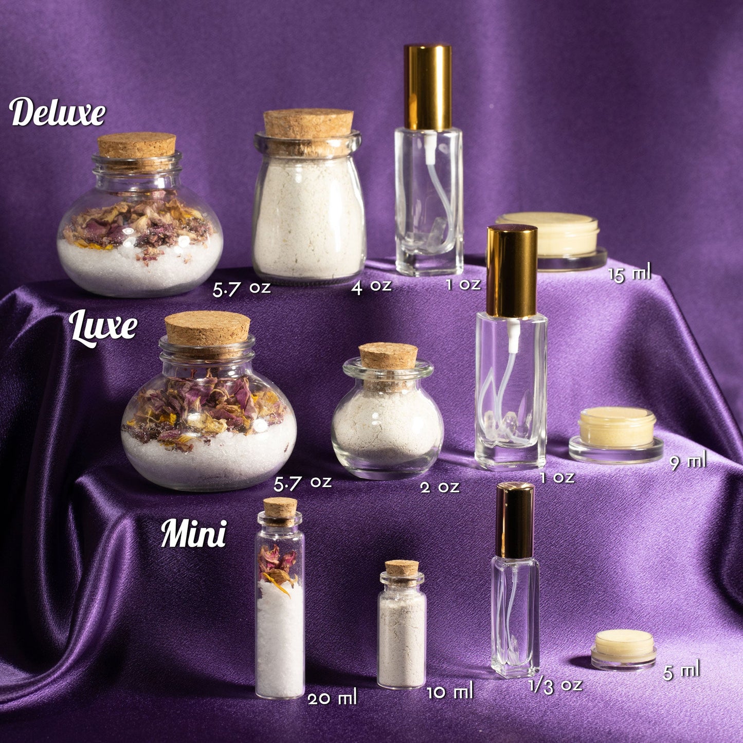 Spa gift set lineup: mini and deluxe glass bottles, salt jars, and cream jar in sizes