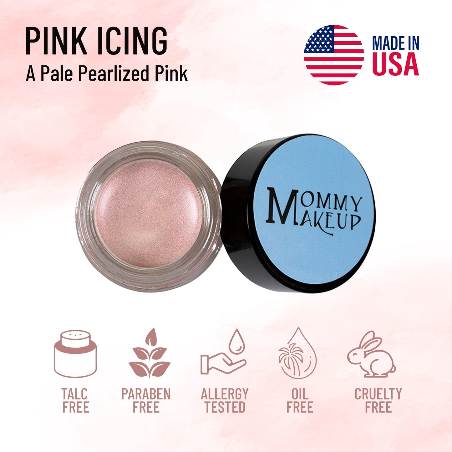 Pearl pink shimmer cream in clear jar beside round blue-lidded container