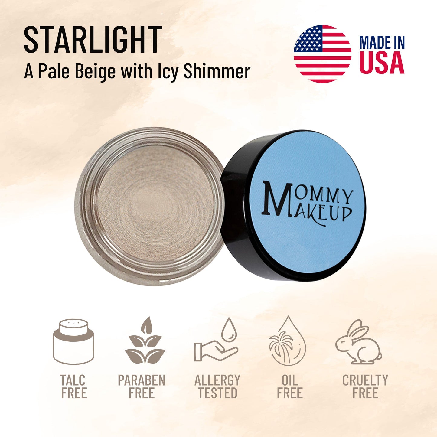Cream-to-powder shimmer pot in pale beige with icy sheen, open jar with black lid