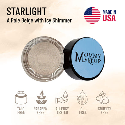 Cream-to-powder shimmer pot in pale beige with icy sheen, open jar with black lid