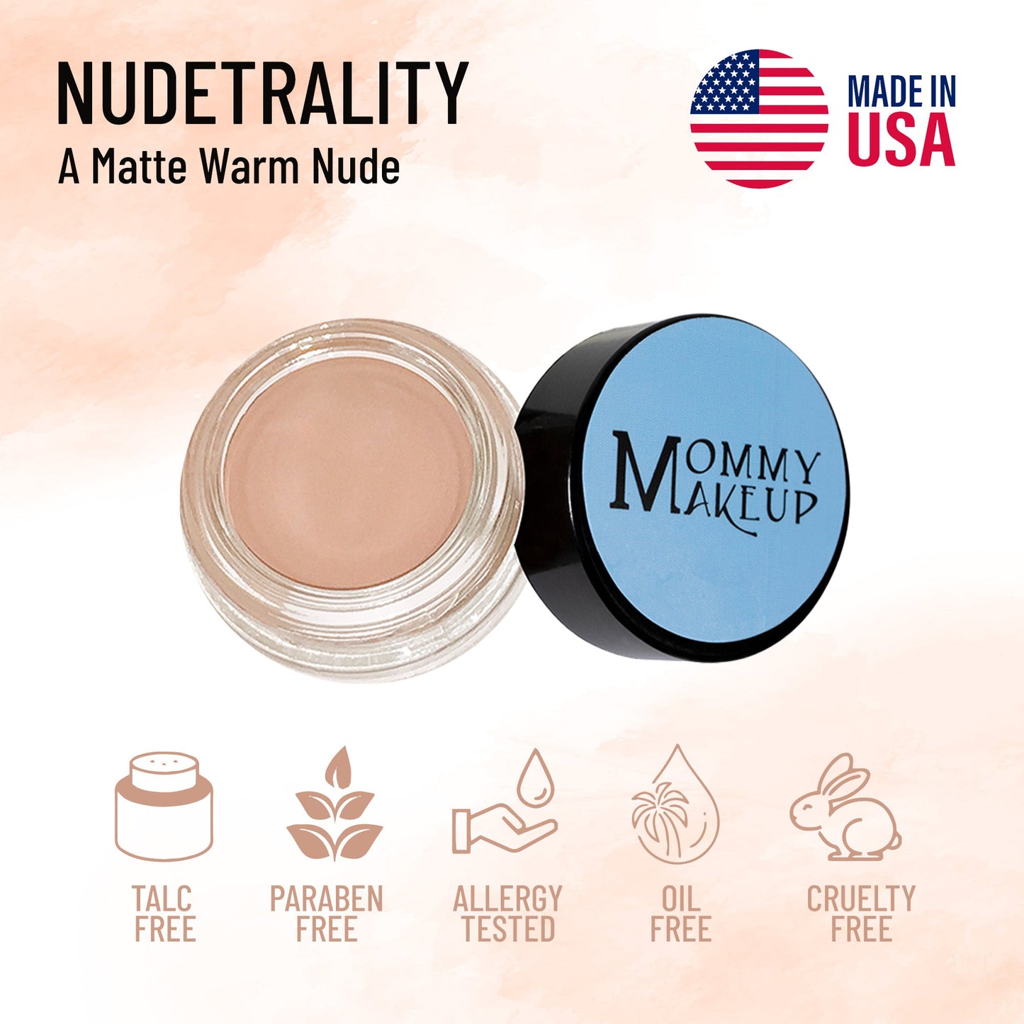 Nudetrality Any Wear creme in clear jar with matte nude lid, plus Mommy Makeup compact