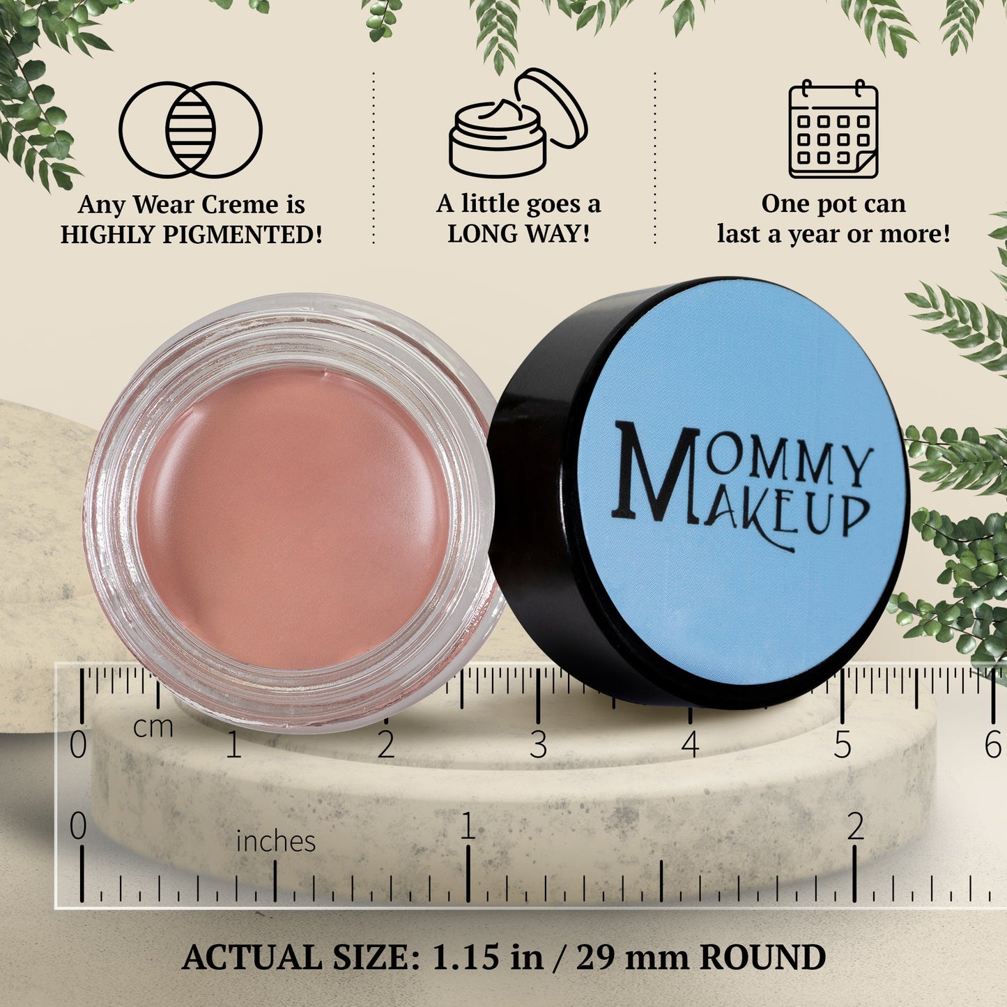 Warm rosy beige cream-to-powder jar and blue-lidded compact, approx 1.15 in round