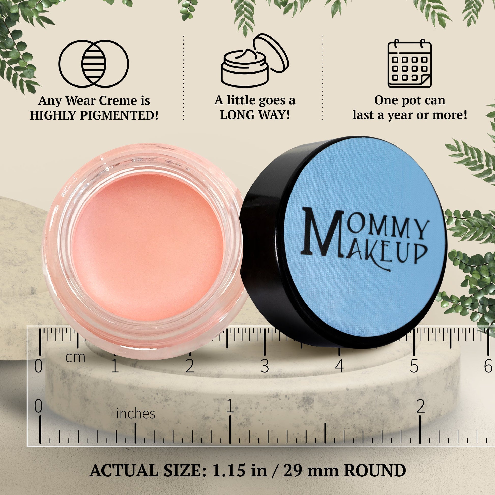 Cream-to-powder pigment jar, peachy rose with silver sheen, round size shown