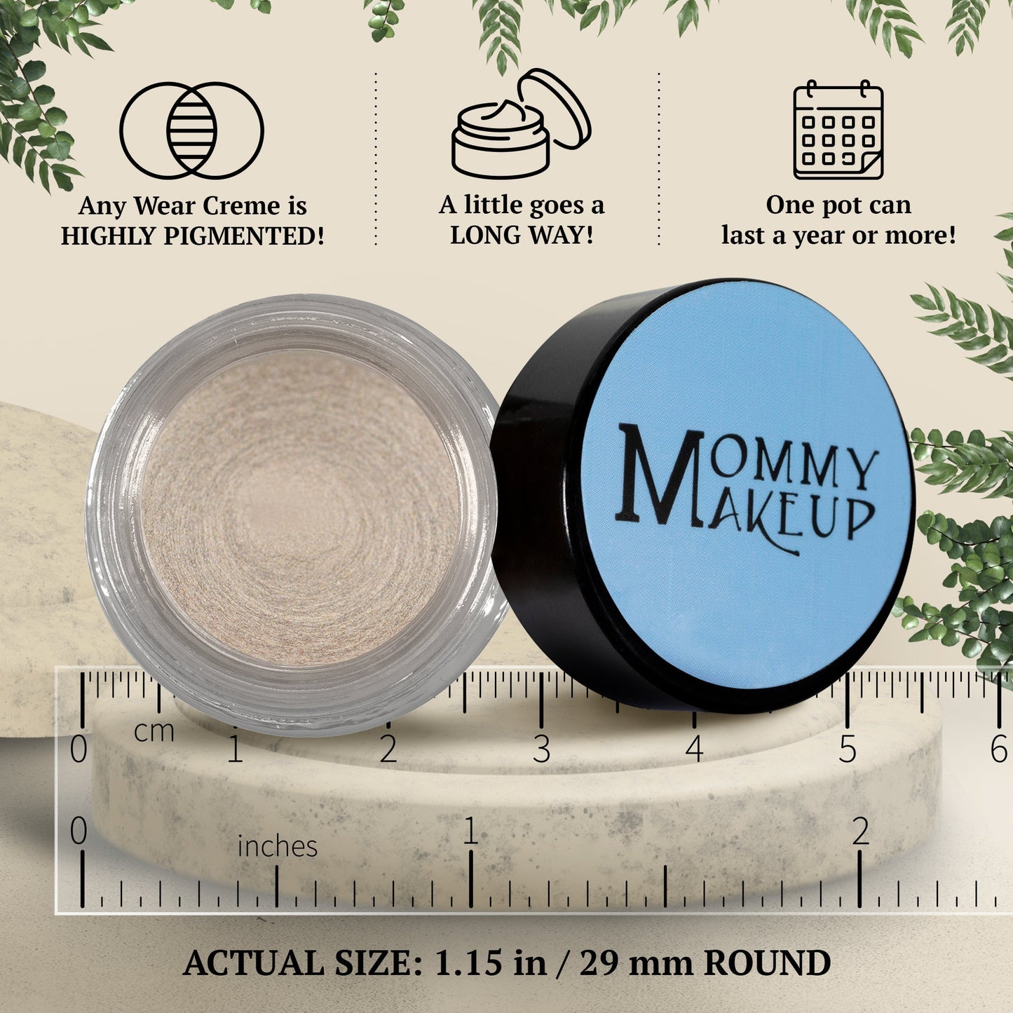 Round cream-to-powder shimmer pot in pale beige with icy sheen, closed and open