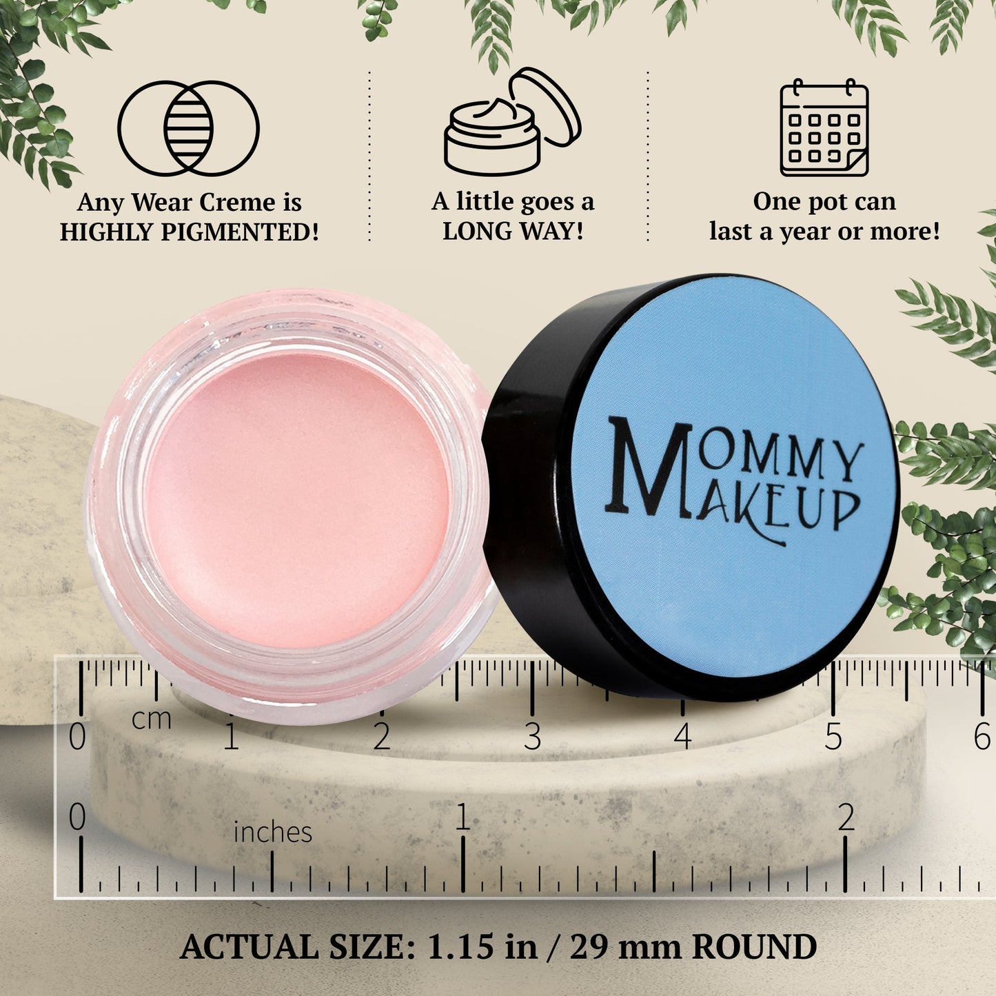 Round light nude pink cream-to-powder makeup jar, size marked
