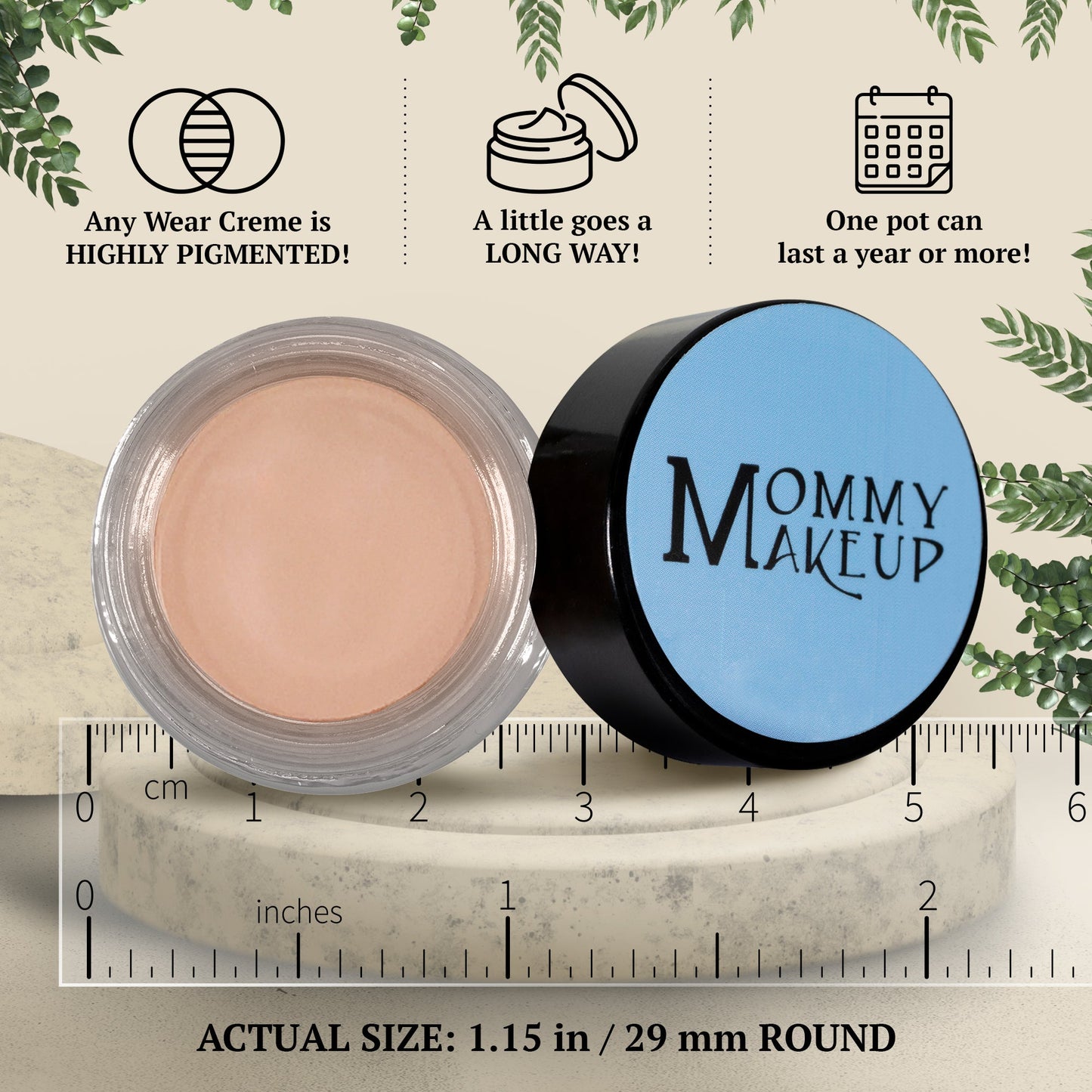 Nudetrality Any Wear creme jar beside Mommy Makeup compact lid, shown with scale