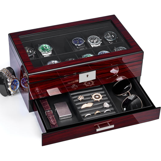 ANWBROAD 12 Slot Watch Cases for Men Watch Box with Large Lid Jewelry Box with Watch Storage 2-Tier Paint Surface Watch Holder Organizer for Men Lockable Watch Display Case UJWB001Y - Renee Lane Company