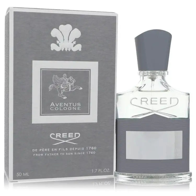 Men's cologne bottle with Creed logo and dark cap, with grey Aventus box, 1.7 fl oz.