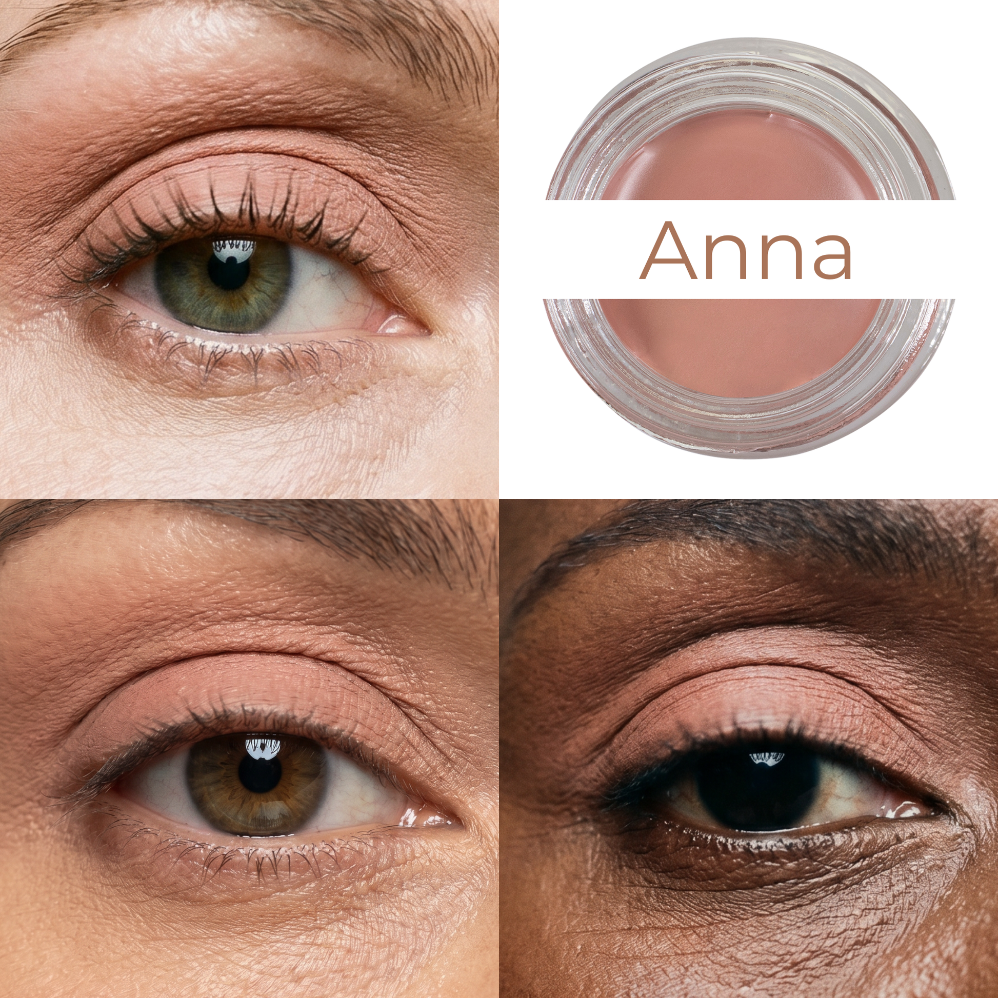 Warm rosy beige cream-to-powder on closed eye area with open jar container
