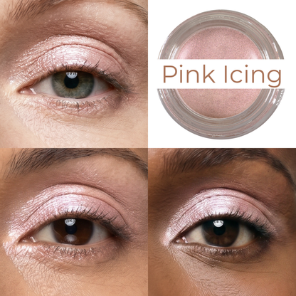 Pearl pink shimmer cream on eyelids with round clear jar