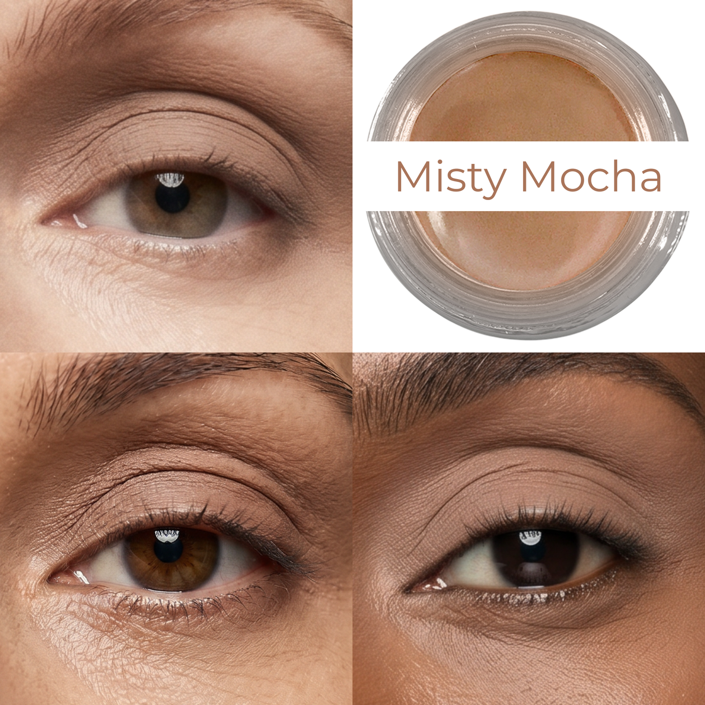 Misty Mocha matte eye, cheek & lip creme on skin near the eyes, plus jar
