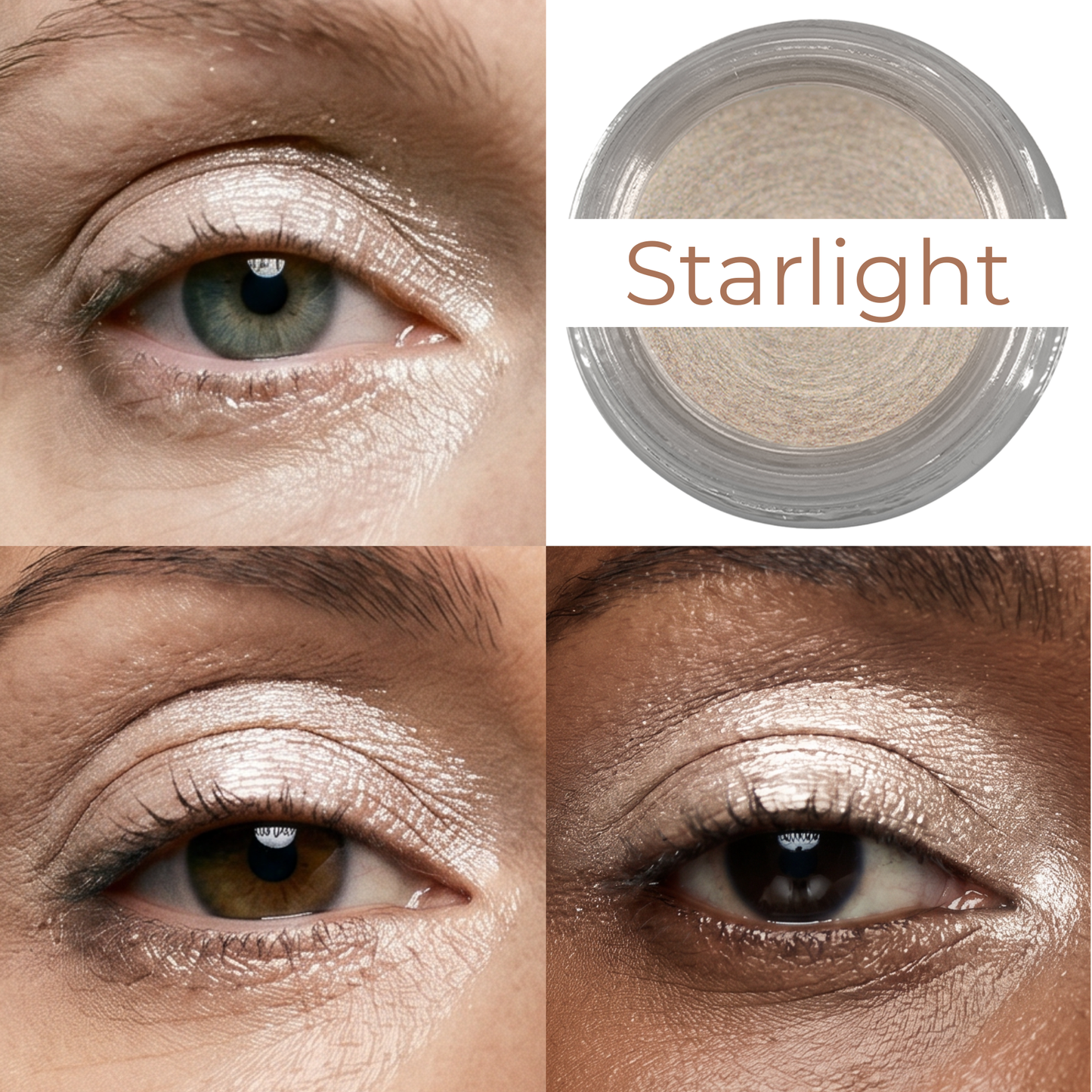 Eye makeup close-up with pale beige icy shimmer on lids and under-eye highlights