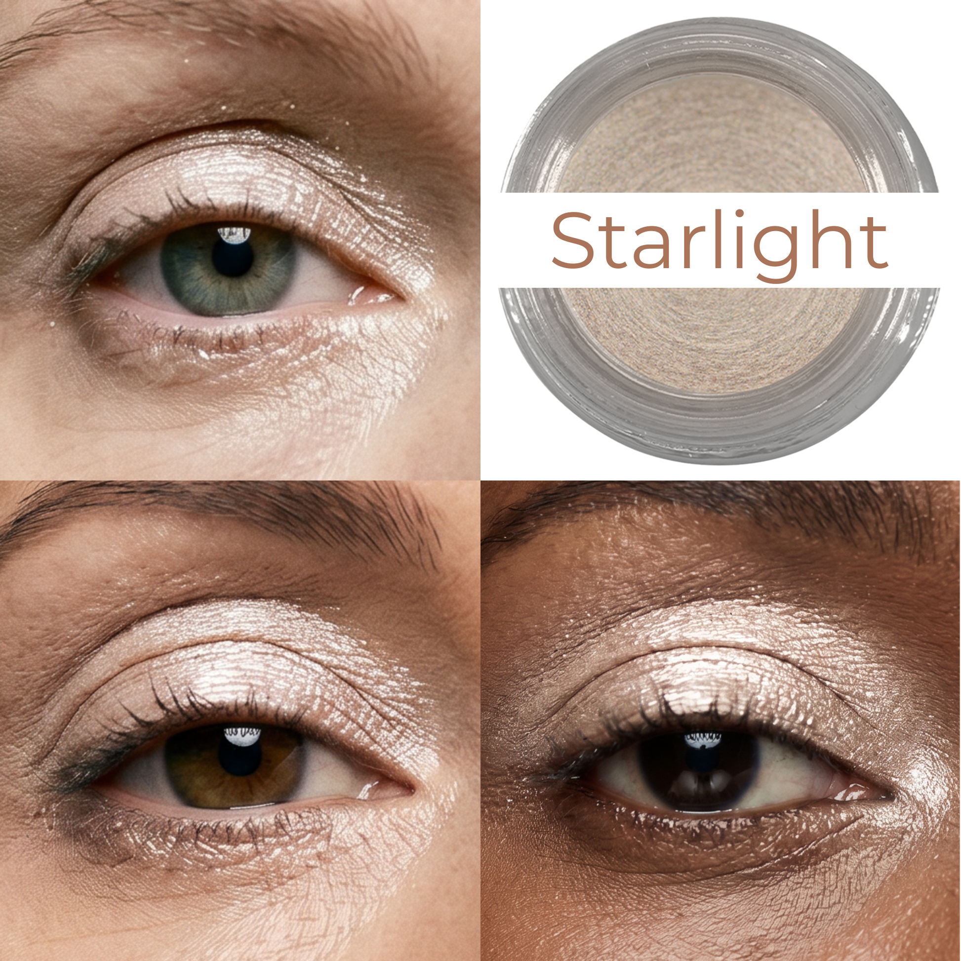 Eye makeup close-up with pale beige icy shimmer on lids and under-eye highlights