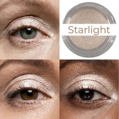 Eye makeup close-up with pale beige icy shimmer on lids and under-eye highlights