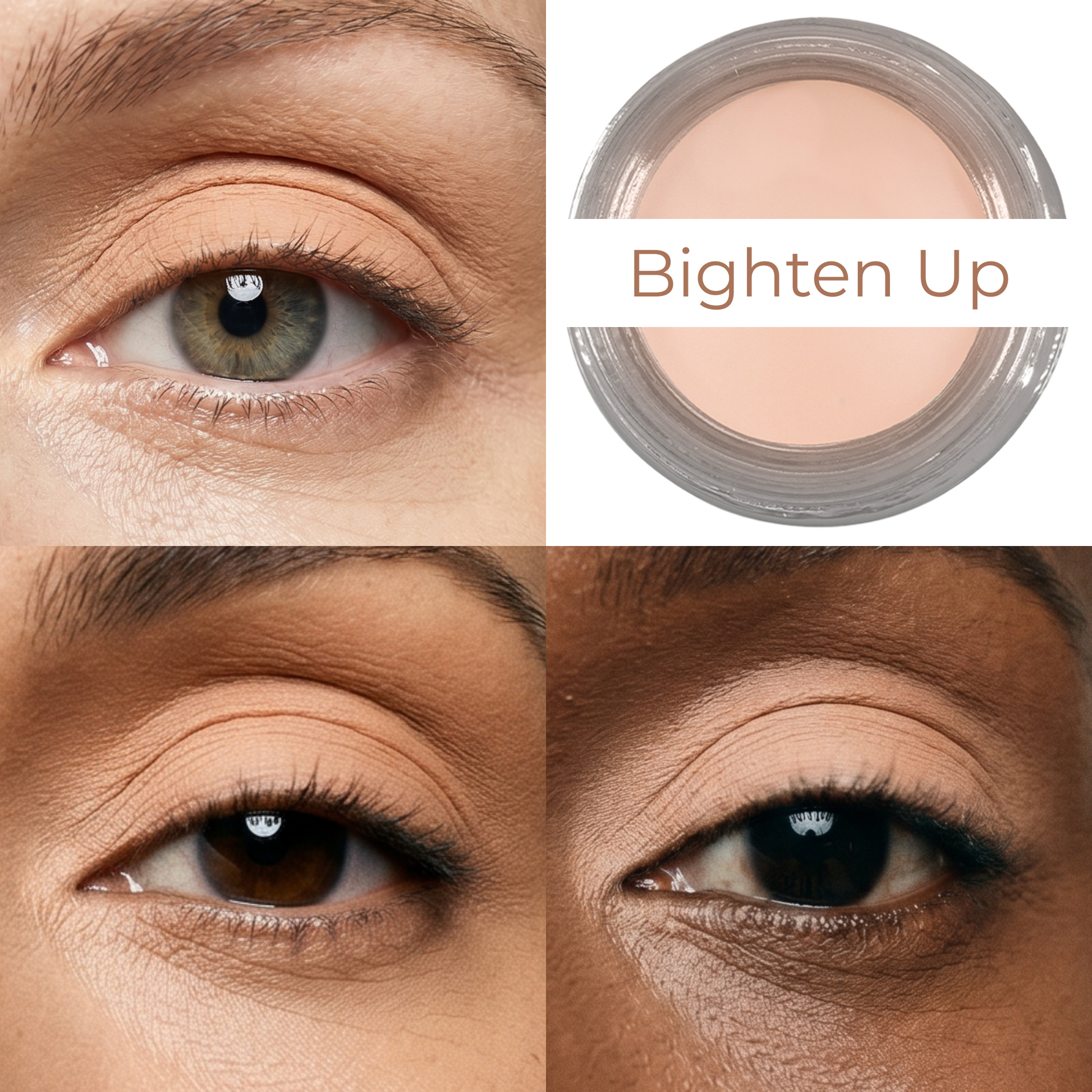 Warm matte cream jar with pale beige cream beside close-up of eyes