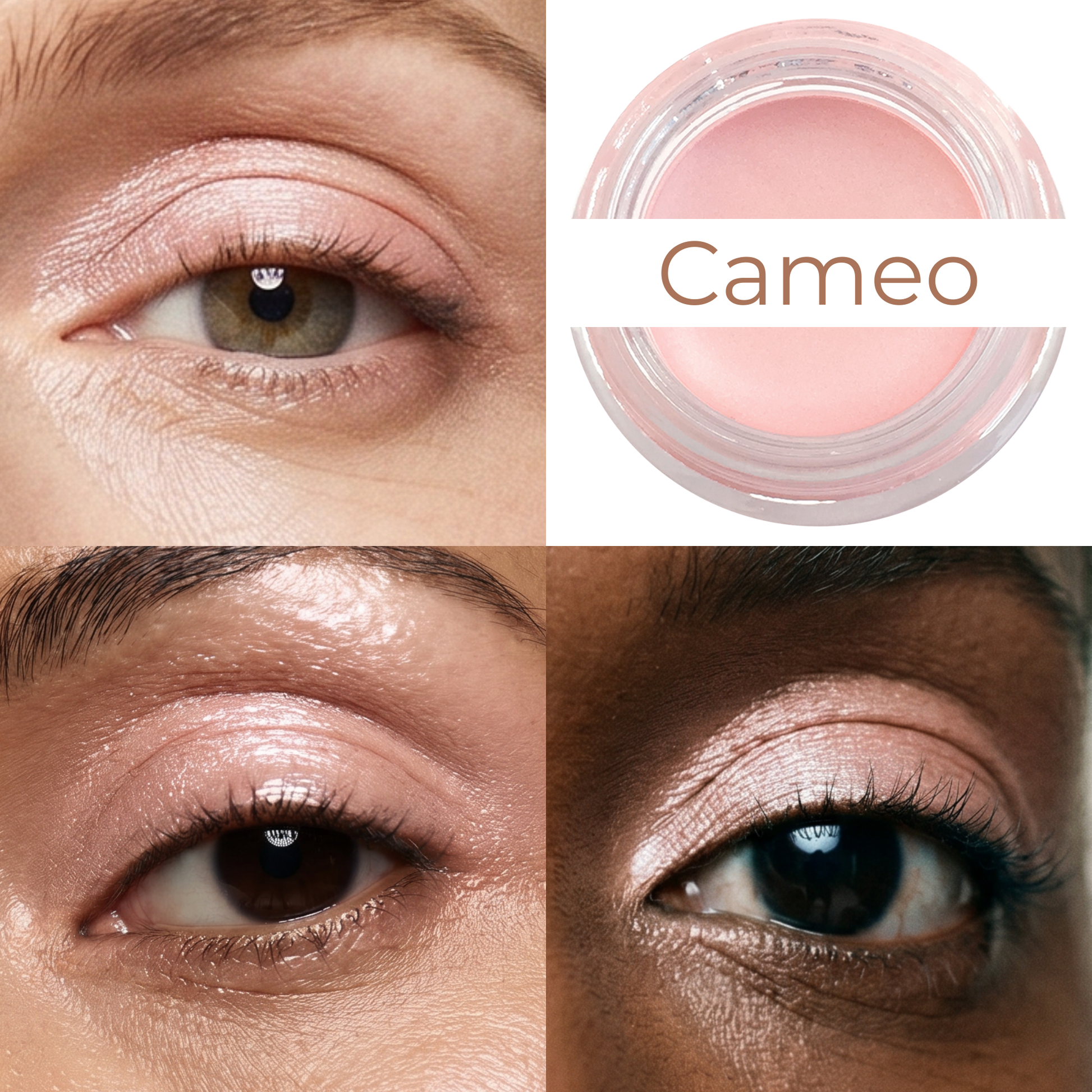 Light nude pink cream-to-powder makeup on eyelids with jar
