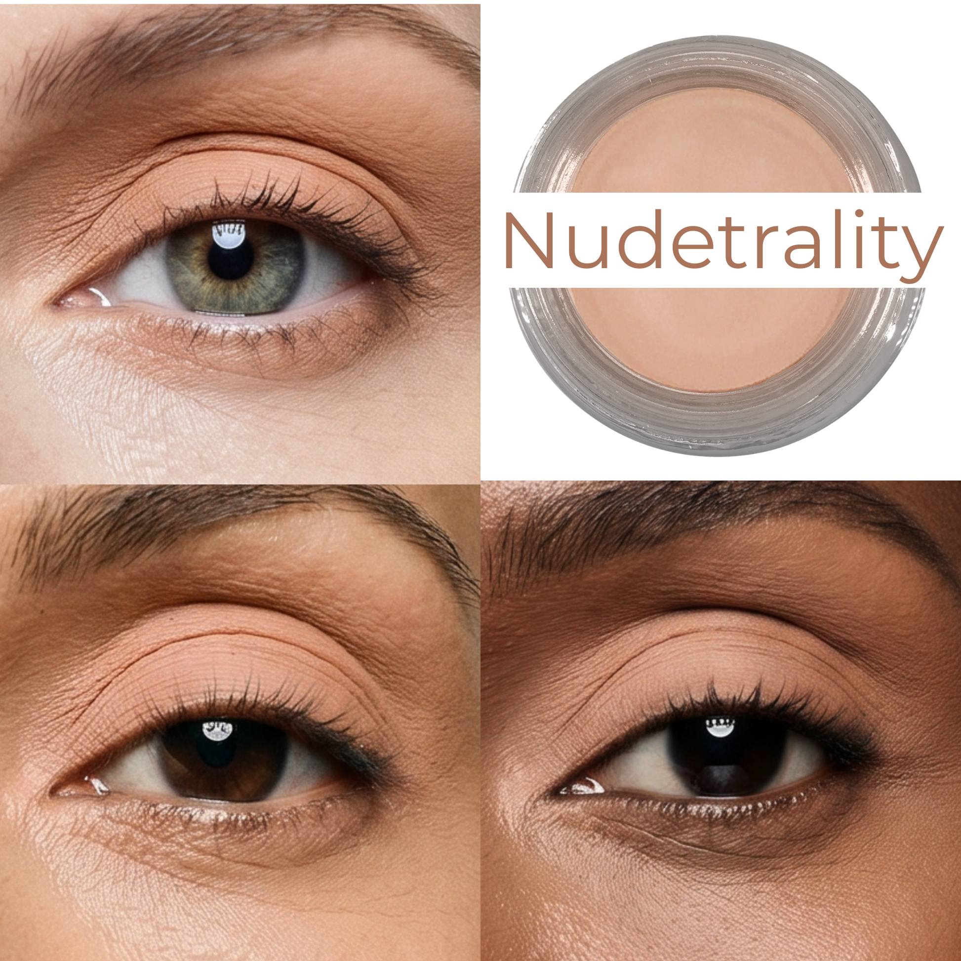 Nudetrality Any Wear creme jar and matte nude eye look with lashes and brows