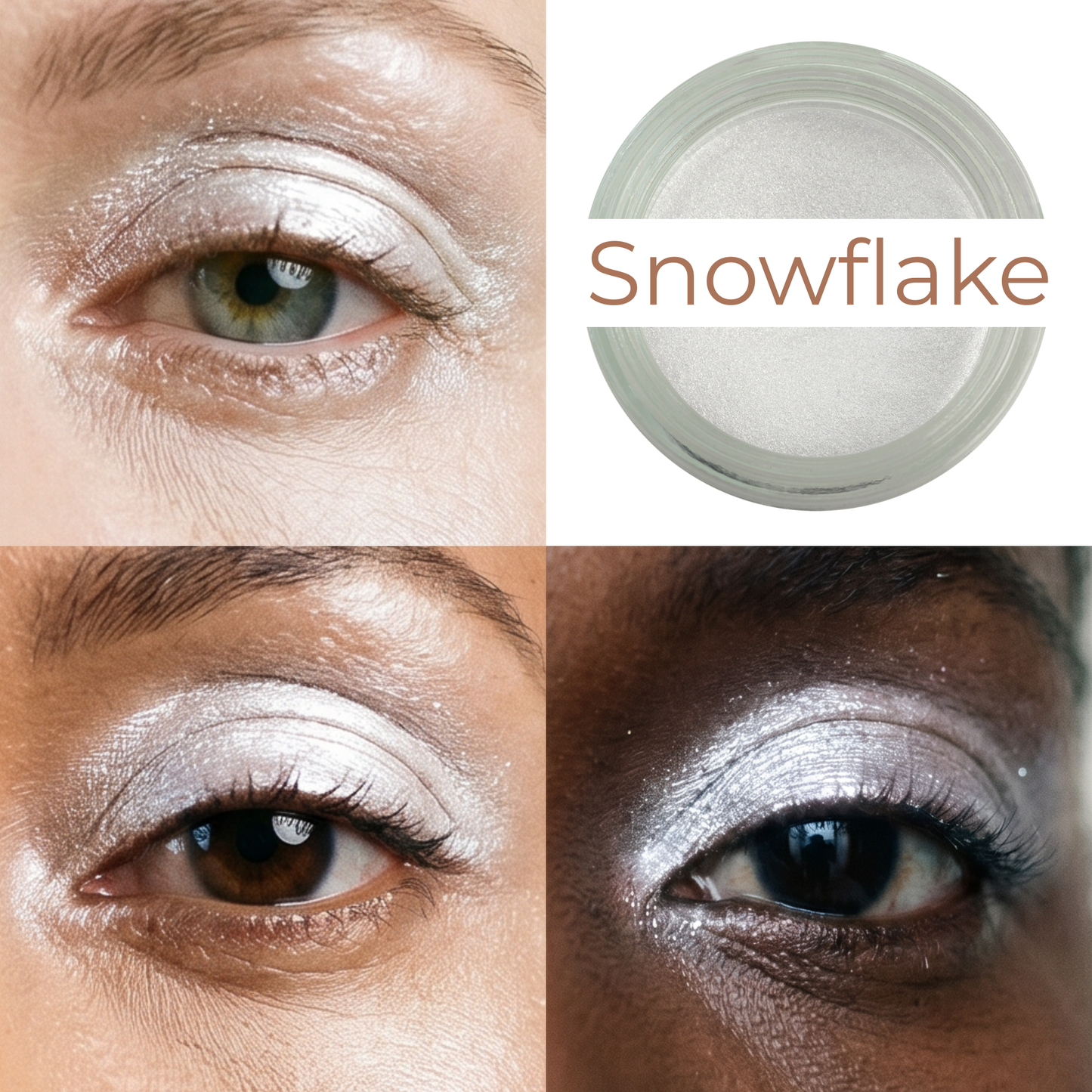Shimmering white cream-to-powder makeup jar beside eye makeup with silvery shimmer