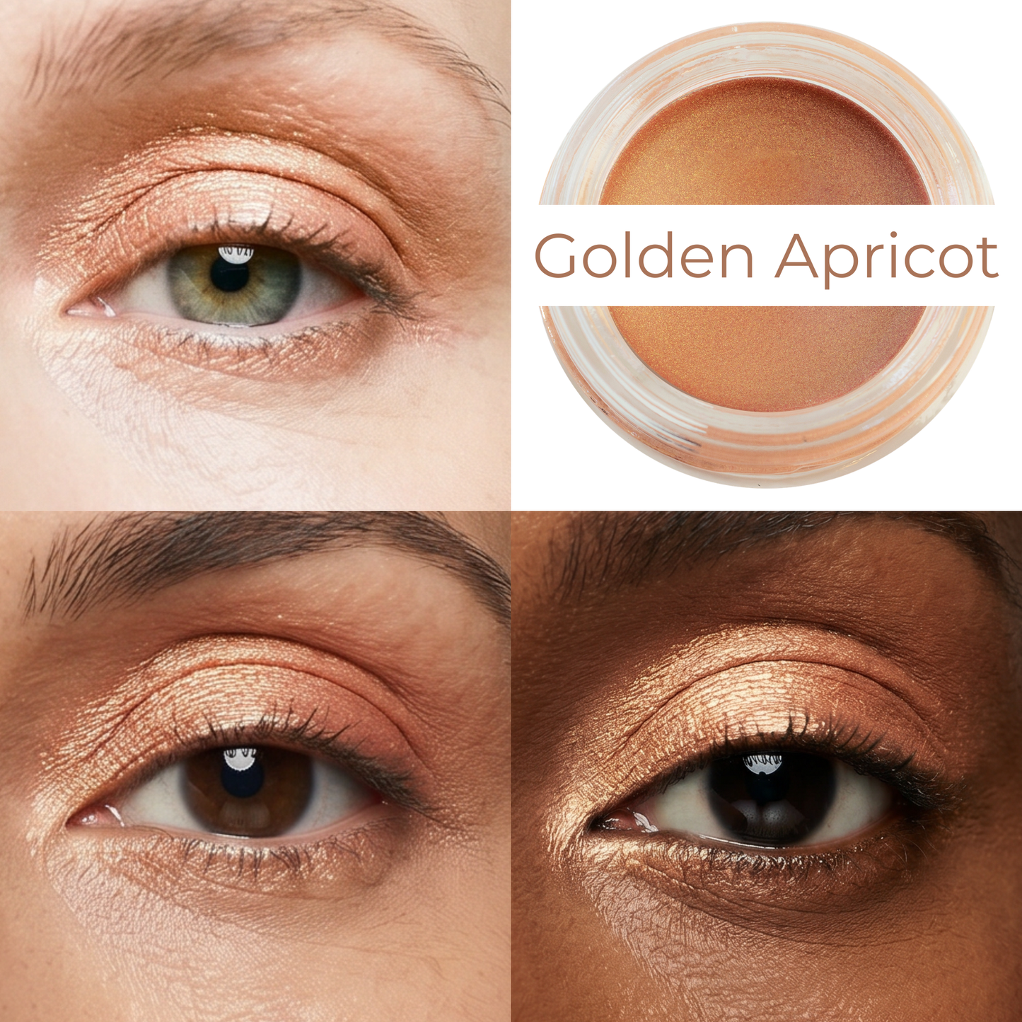 Golden apricot shimmer on eye and cheek on two models, with open cream pot