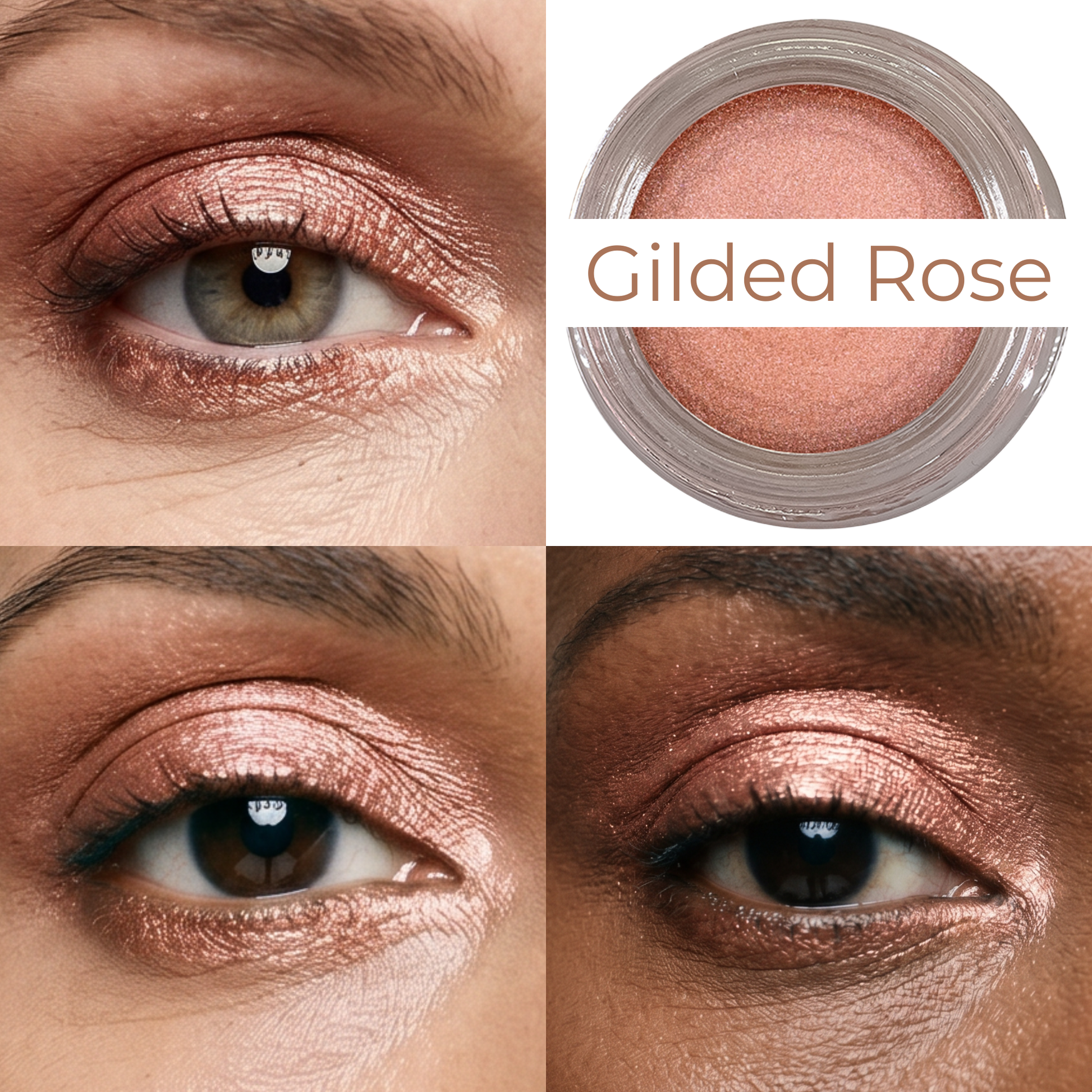 Rose gold shimmer eye makeup and matching multi-tasking makeup jar