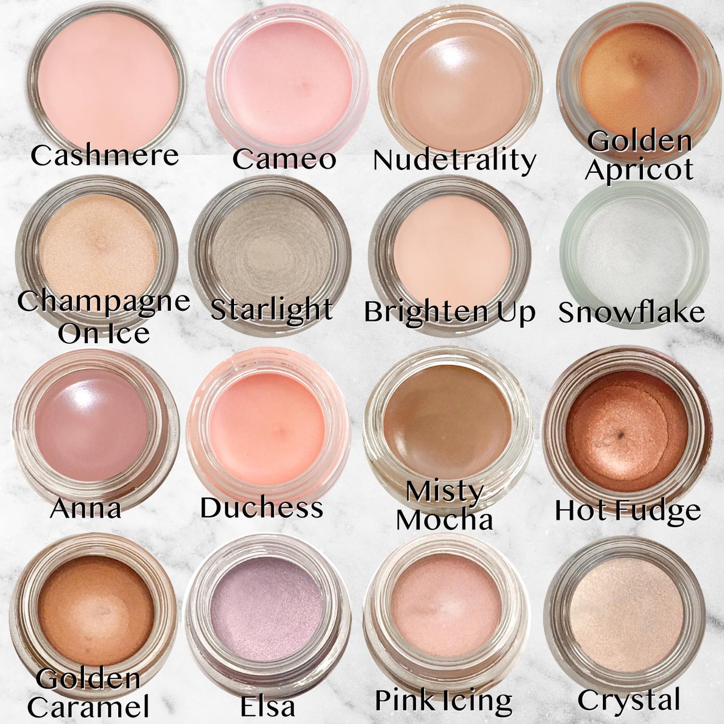 Assorted gel eye makeup pots in pink, nude, beige, caramel, lilac, and gray tones
