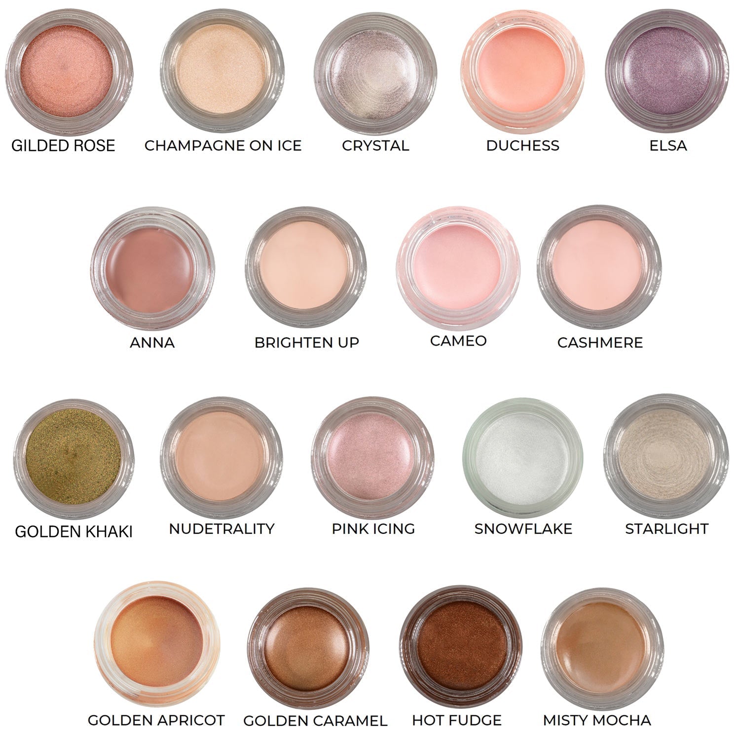 Golden apricot shimmer cream-to-powder pot among multiple shade jars