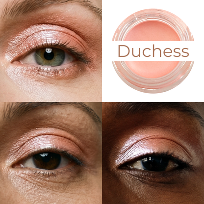 Cream-to-powder pigment jar, peachy rose with silver sheen, next to eye close-up