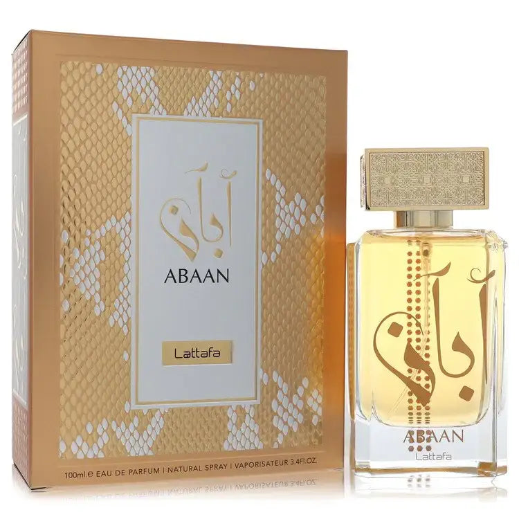 Abaan by Lattafa unisex eau de parfum set with box and clear glass bottle, amber liquid