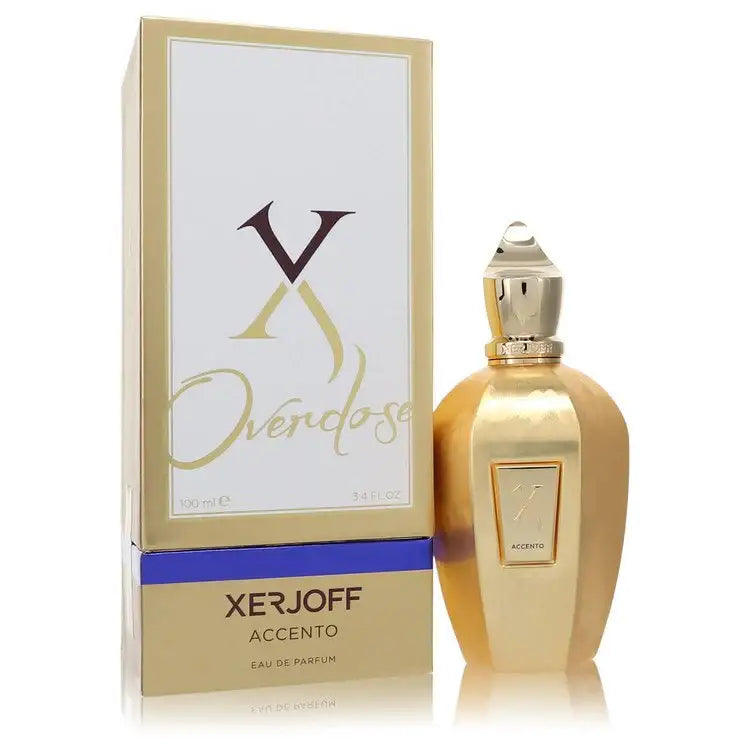 Xerjoff Accento Overdose eau de parfum set: gold bottle beside boxed 100 mL