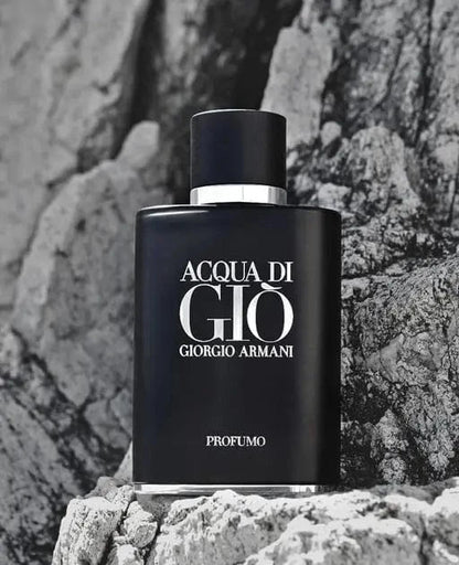 Giorgio Armani Acqua di Gio Profumo bottle with dark glass and silver-toned cap