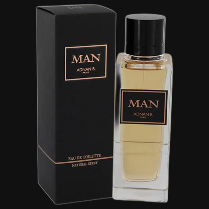 Men's eau de toilette spray: black box and clear glass bottle with black cap