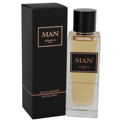 Men's eau de toilette spray: black box and clear bottle with 'MAN' label