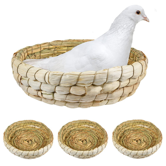 Aemygo 4 Pcs Bird Nest Handmade Woven Small Animal Breeding Nest Bed with Corn Leaves Flat Base Natual Straw Bird House Cage Accessories for Dove Pigeon Parrot Sparrow - Renee Lane Company