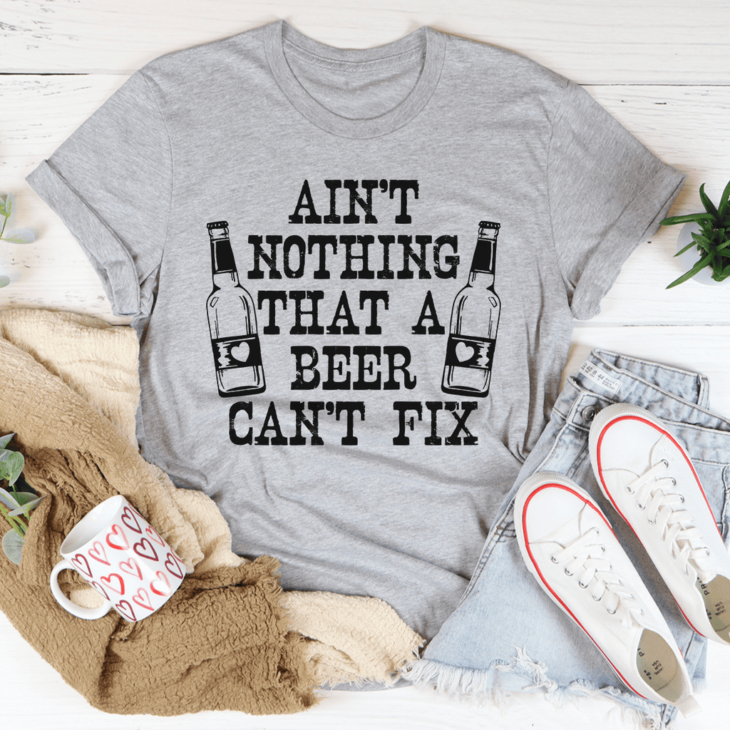 Athletic heather gray crewneck T-shirt with beer bottle slogan graphic
