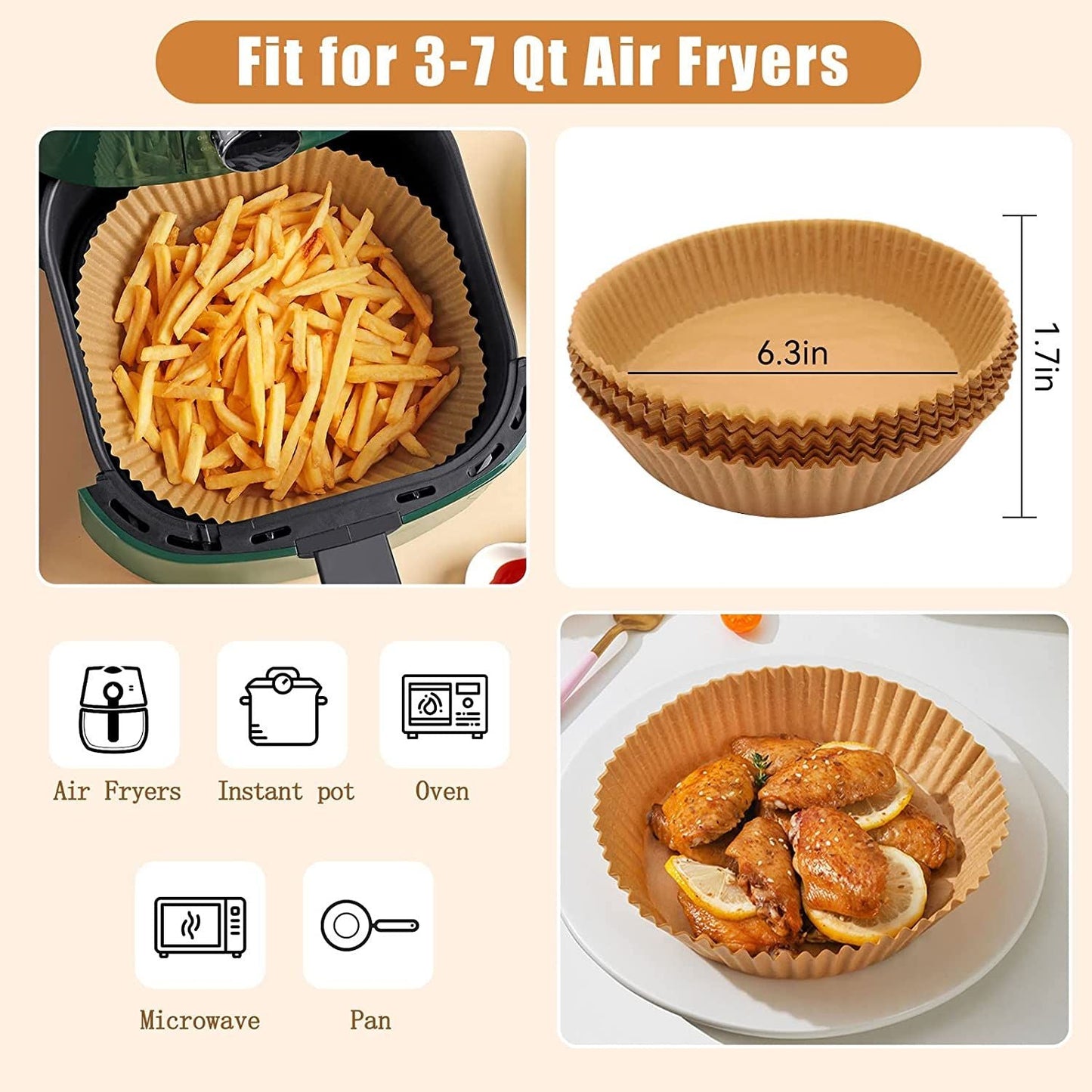 Air Fryer Disposable Paper 100 Pcs Round Non-Stick Paper Prime Oil-proof Parchment Paper Cooking Paper for Fryers Basket Frying Pan Microwave Oven - Renee Lane Company