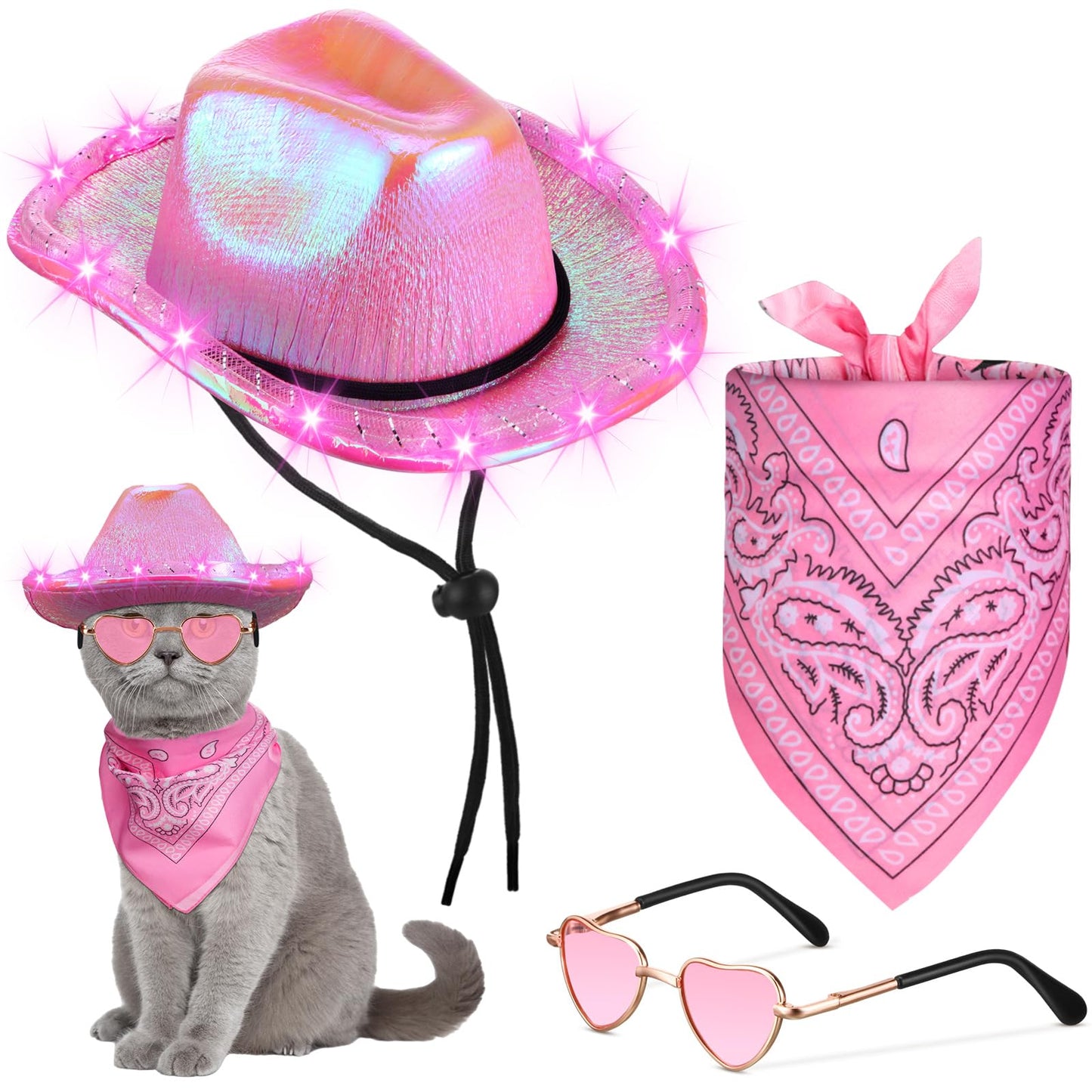 Aliceset 3 Pcs Pet Cowboy Costume Cat Cowboy Accessories Set Neon Sparkly Dog Cowboy Hat Paisley Bandanna Collar and Sunglasses LED Light up Western Small Cat Dog Cowgirl Costume(Pink Shiny Shiny) - Renee Lane Company