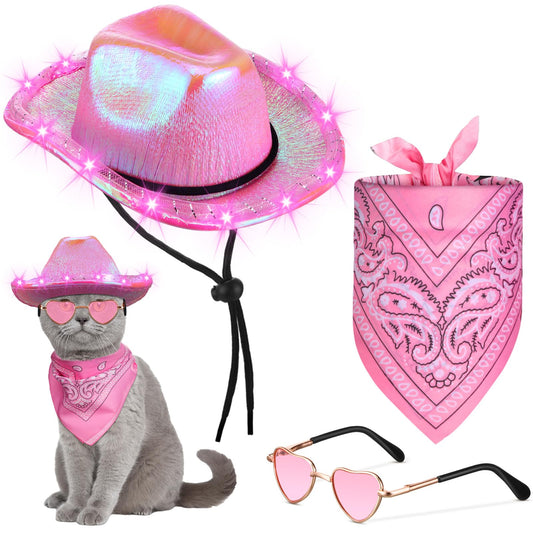 Aliceset 3 Pcs Pet Cowboy Costume Cat Cowboy Accessories Set Neon Sparkly Dog Cowboy Hat Paisley Bandanna Collar and Sunglasses LED Light up Western Small Cat Dog Cowgirl Costume(Pink Shiny Shiny) - Renee Lane Company