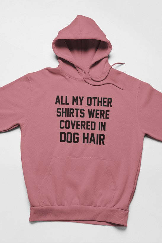 Mauve hoodie with front text graphic, hood with drawstrings, long sleeves, and pocket.