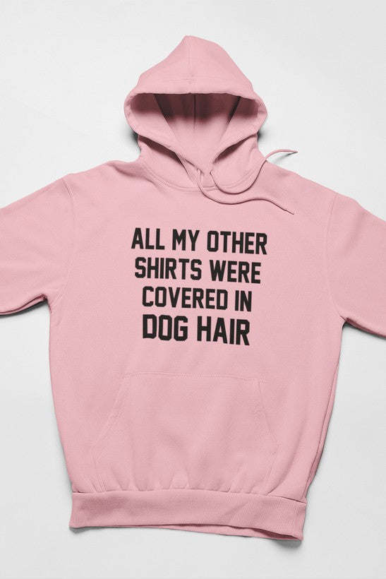 Pink hoodie with front text graphic, hood with drawstrings, long sleeves, and pocket.