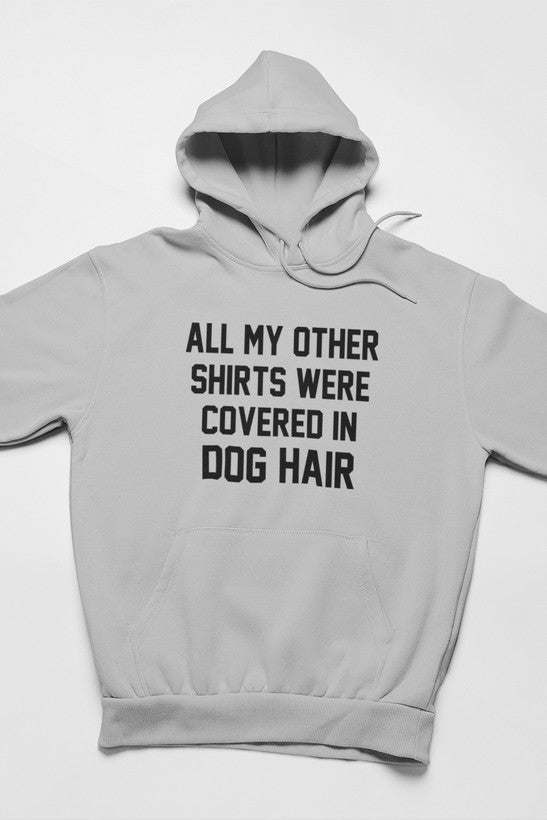 Heather gray hoodie with hood and front graphic text 'DOG HAIR'.