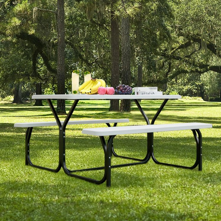 All Weather Outdoor Picnic Table Bench Set with Metal Base Wood - Renee Lane Company