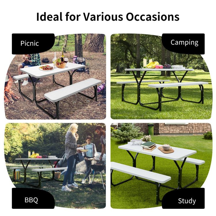 All Weather Outdoor Picnic Table Bench Set with Metal Base Wood - Renee Lane Company