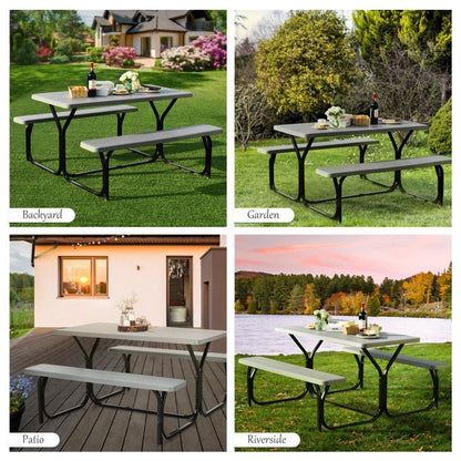 All Weather Outdoor Picnic Table Bench Set with Metal Base Wood - Renee Lane Company