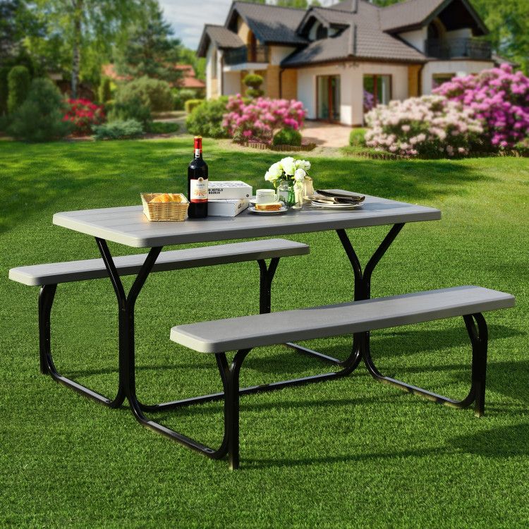 All Weather Outdoor Picnic Table Bench Set with Metal Base Wood - Renee Lane Company