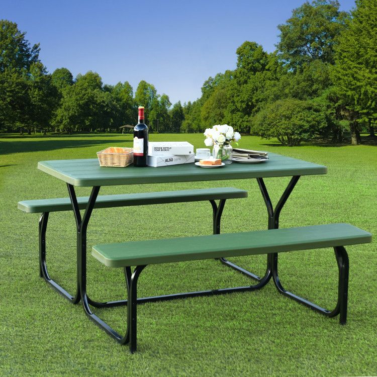 All Weather Outdoor Picnic Table Bench Set with Metal Base Wood - Renee Lane Company