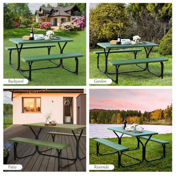 All Weather Outdoor Picnic Table Bench Set with Metal Base Wood - Renee Lane Company